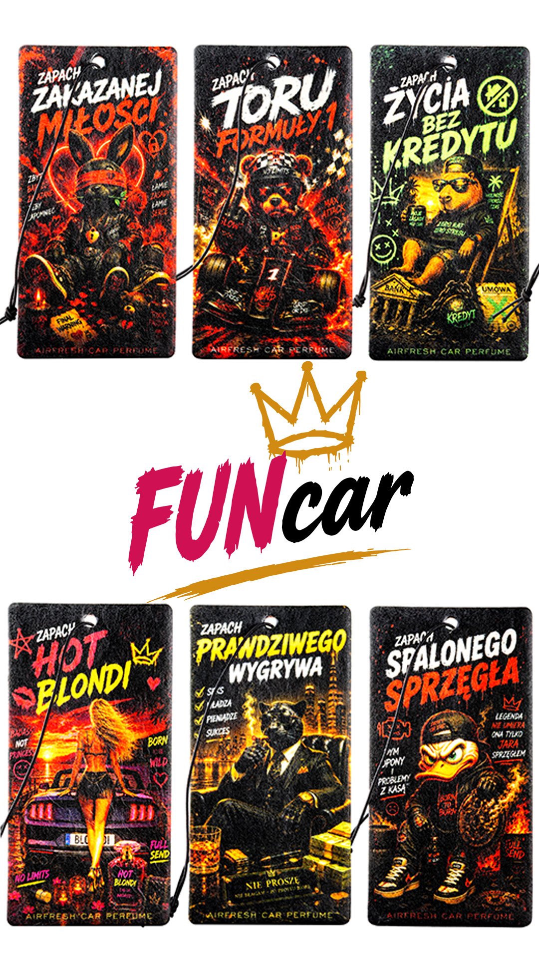 Zestaw FunCar – 6 perfumowanych zawieszek zapachowych do samochodu